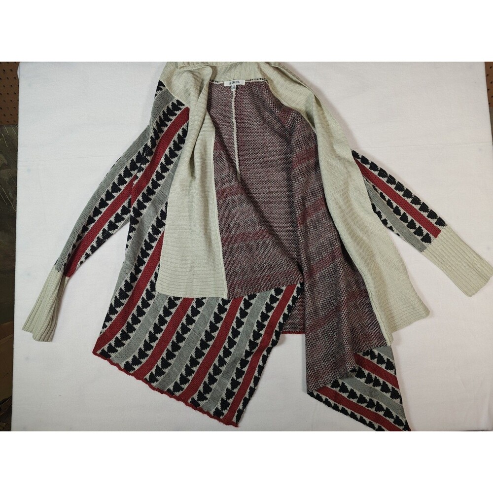 BB Dakota Aztec Cardigan Sweater XS Red Black Tan Wool Blend Open Front Boho